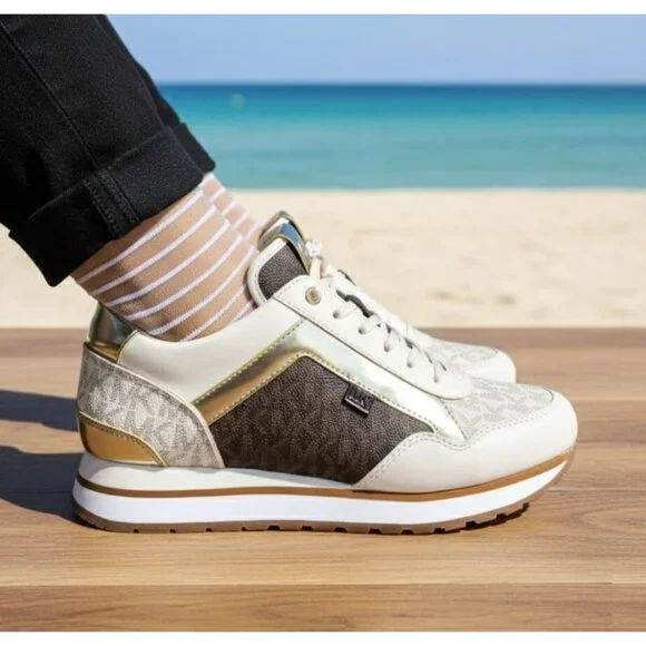 ✨Michael Kors Maddy Trainer Sneaker Vanilla Brown Gold Sz 7.5 Women Shoes Casual - Picture 1 of 10